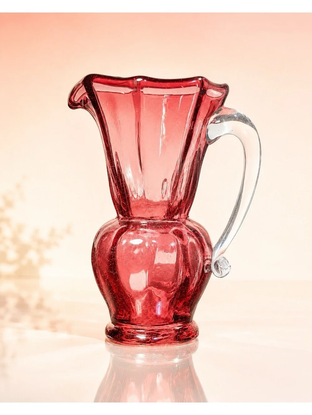 Pilgrim Glass 1970s Pitcher Hand-Blown Cranberry Glass Clear Handle, 3x5.5”